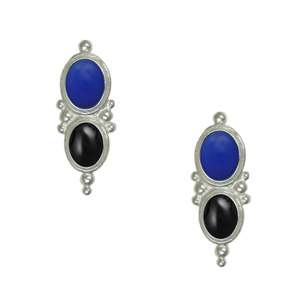 Sterling Silver Blue Onyx And Black Onyx Gemstone Drop Dangle Earrings